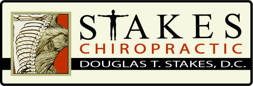 Stakes Chiropractic logo featuring a spine illustration and the name Douglas T. Stakes, D.C., emphasizing chiropractic services and care.