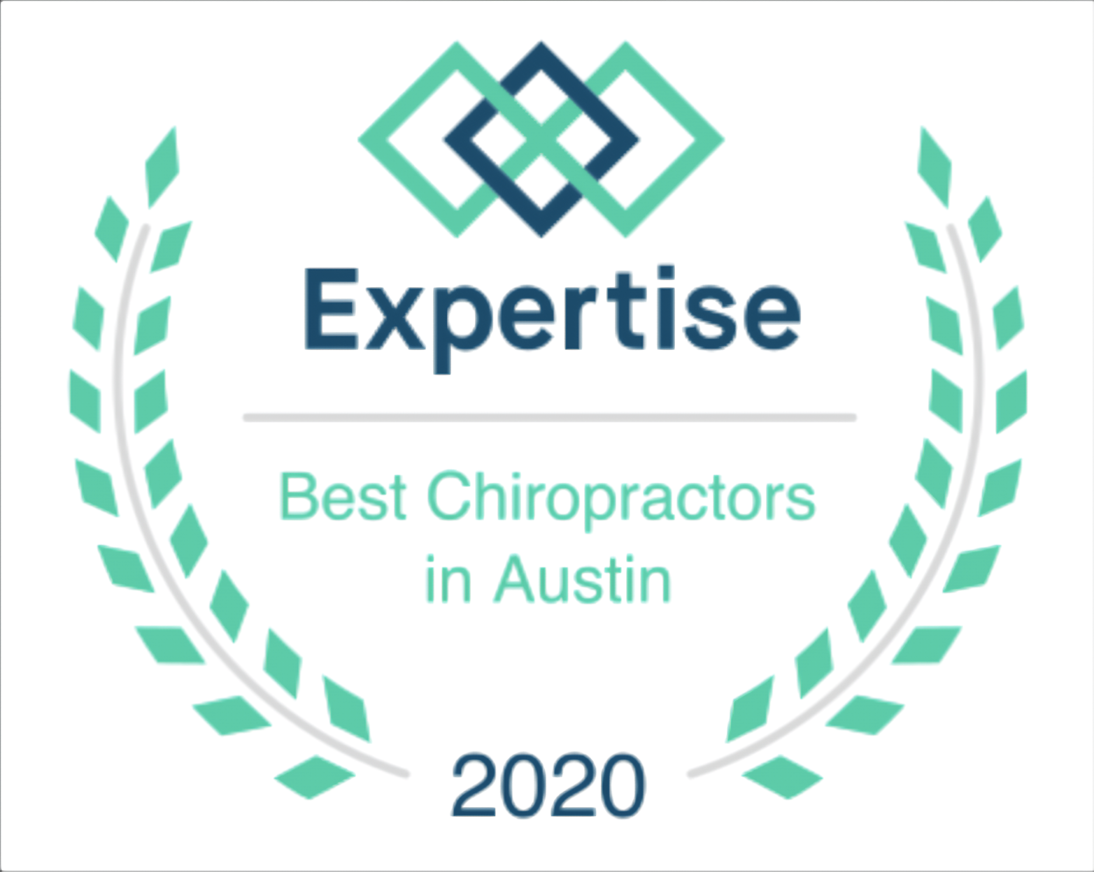 Laurel wreath surrounding the text "Expertise Best Chiropractors in Austin 2020," with overlapping diamond shapes above, conveying recognition and prestige.